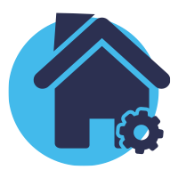 Blue icon of house and gear symbol
